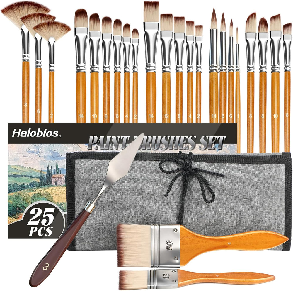 Halobios 25pcs Paint Brush Set, Professional Paint Brushes with Canvas Roll a...
