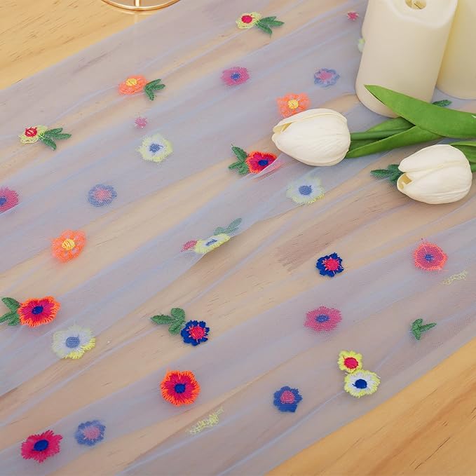 BINBE 12pcs Daisy Fall Table Runner Embroidery Gauze 10FT Florals Seasonal Tulle Holiday Birthday Kitchen Dining Table Decor for Home Party Blue