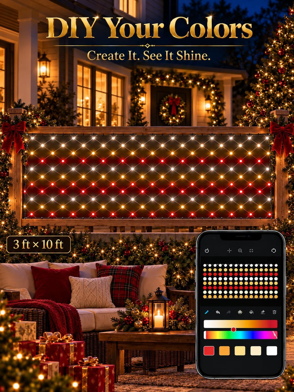 3 x 10 FT Smart RGB Net Lights, Hello Fairy App Control for Bushes