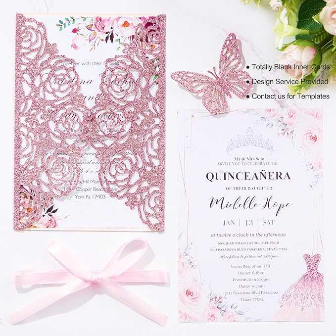 50PCS Pink Wedding Invitations Butterfly Laser Cut Invitation with Envelopes and Rsvp Card Personalized Inner Sheets for Wedding Bridal Baby Shower QuinceañEra Engagement Birthday