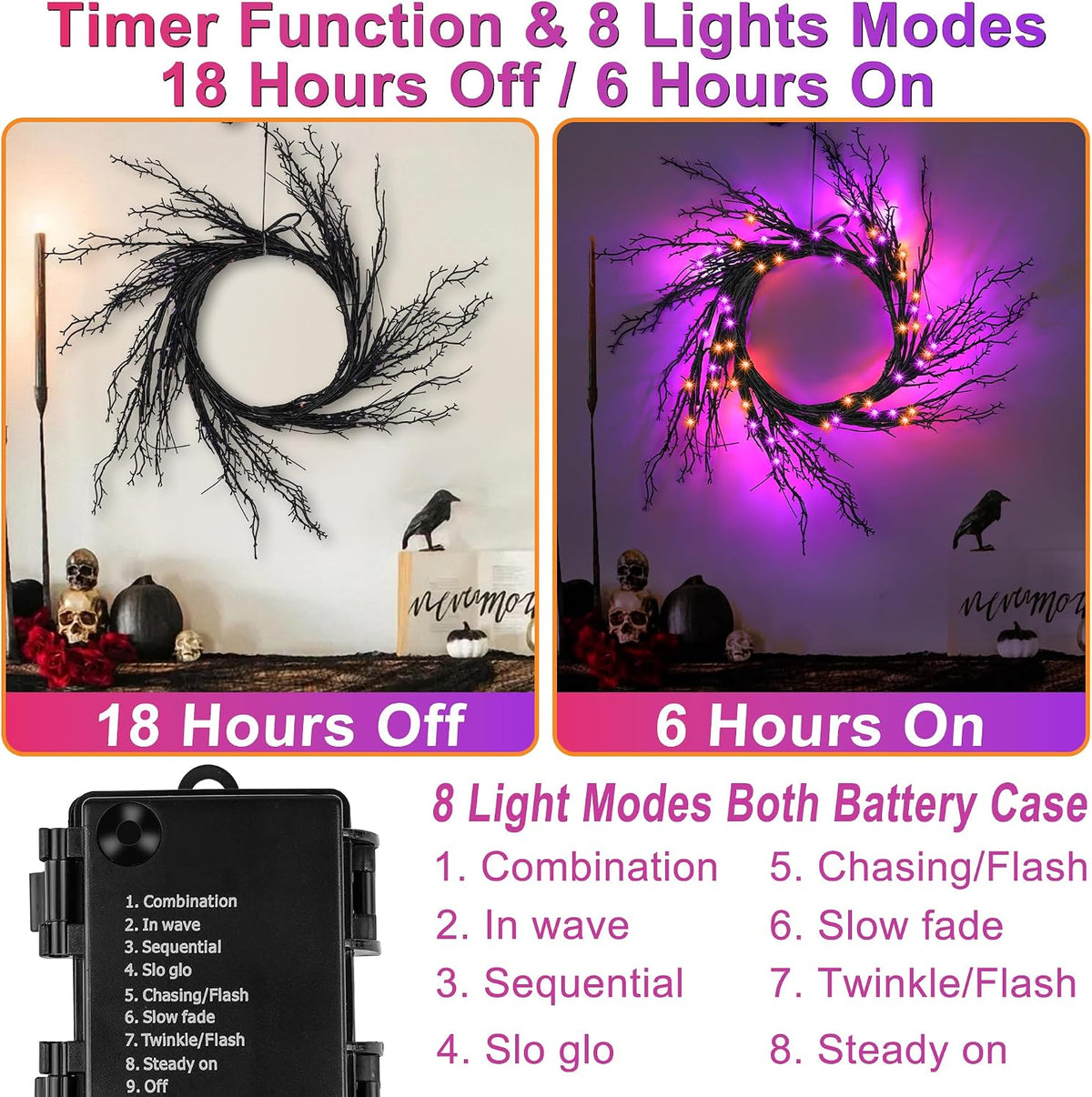 9 FT 72 LED Willow Vine Twig Decor Black Halloween Garland with Orange Purple Lights, Timer 8 Modes Waterproof Battery Operated Indoor Halloween Decorations for Wall Fireplace Mantle Home Office Decor