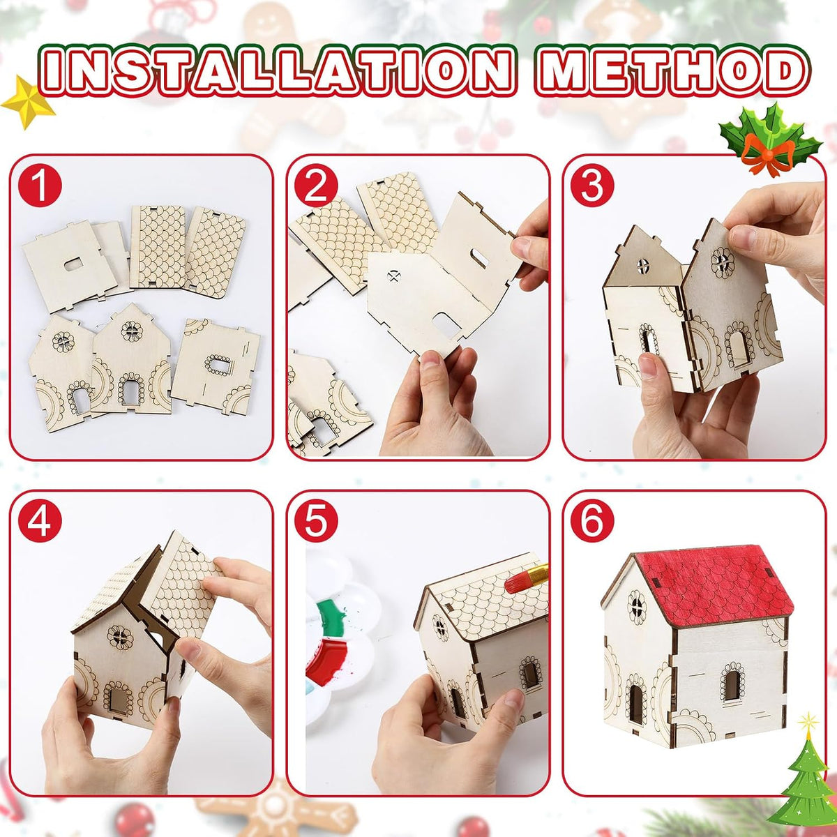 hiboom 24 pcs diy wooden christmas village house, close-up detail