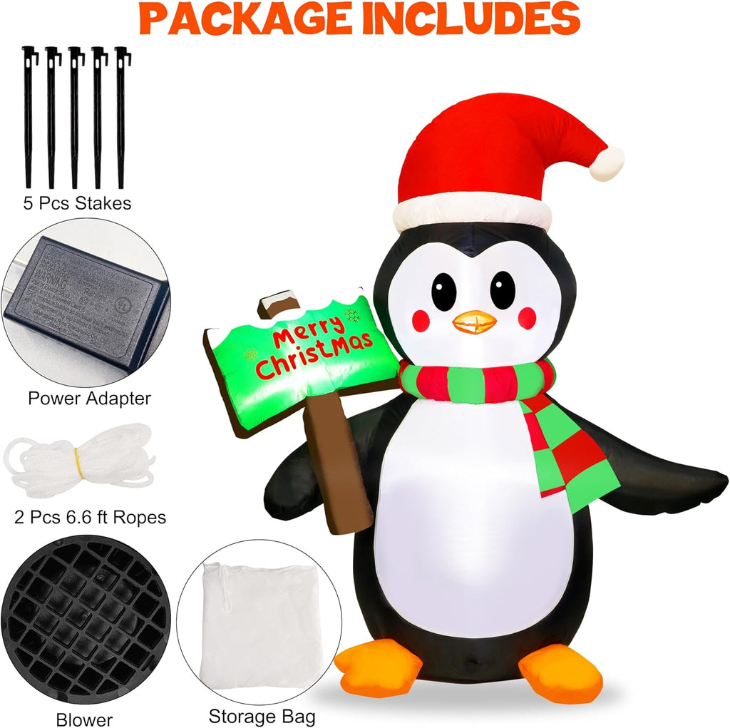 ATDAWN 5ft Christmas Inflatables Blow Up Yard Decorations, Inflatable Penguin Outdoor Decoration with Merry Christmas Sign