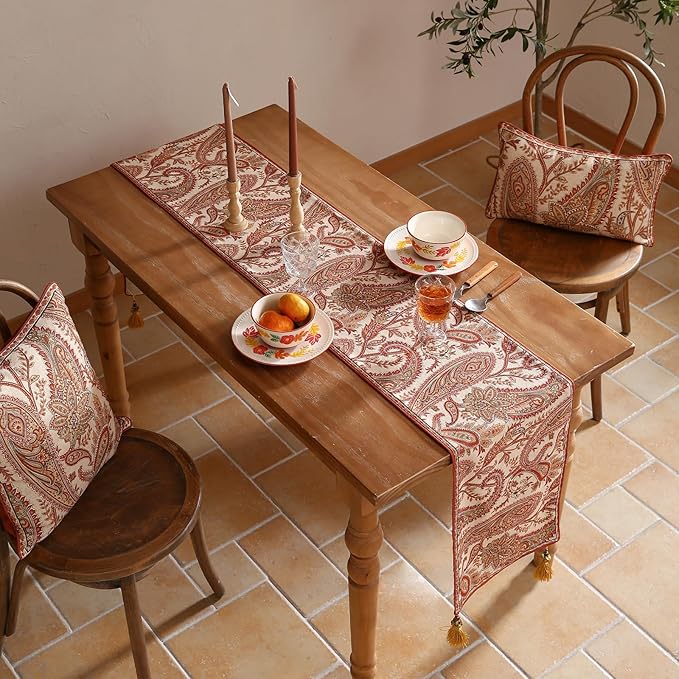 ISAENNE Designer Elegant Red Linen Table Runner 71 Inches Long,Vintage Paisley Pattern Durable Table Runners for Dining Tables,Thanksgiving,Kitchen Tables,Christmas,12"*71"-Chauffrey A