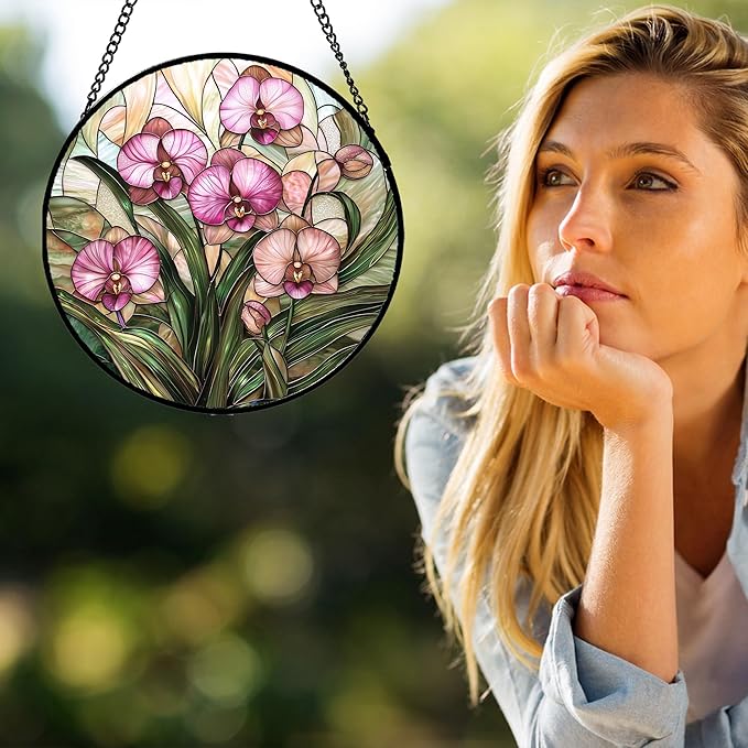 Stained Glass Window Hanging - Pink Phalaenopsis Orchid Green Leaves Sun Catcher for Door Home Decor Flower Suncatcher Christmas Mother's Day Birthday Gifts for Women Men Mom Nana 15 in