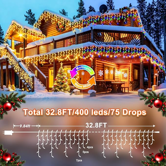 KNONEW Christmas Lights Outdoor Color Changing 400 LED 33ft 11 Modes Curtain Fairy String Light with 75 Drops, Clear Wire LED Lights for Wedding Party Holiday Christmas (Warm White to Multicolor)