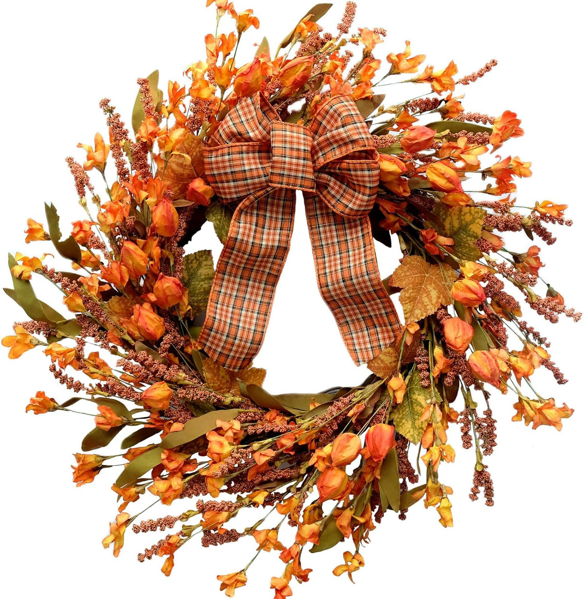Idyllic 18 Inches Artificial Fall Wreath, Autumn Decoration with Berries & Leaves, Thanksgiving Harvest Front Door Wreath for Home Farmhouse Halloween Thanksgiving Day Festival Celebration Decor