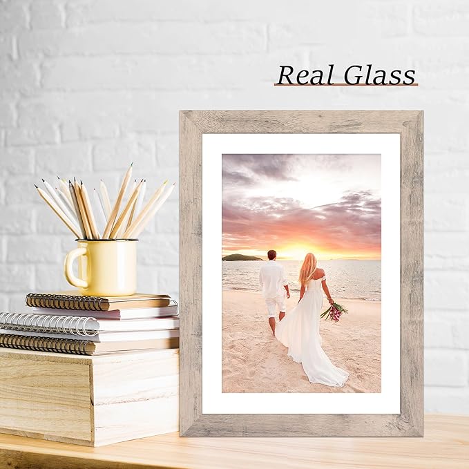 10x14 Picture Frame Set of 4 with Tempered Glass, Smoke Gray Frame Display 8x12 Picture with Mat or 10 x 14 Without Mat, Wood Rustic Photo Frames for Horizontal or Vertical Wall Mounting