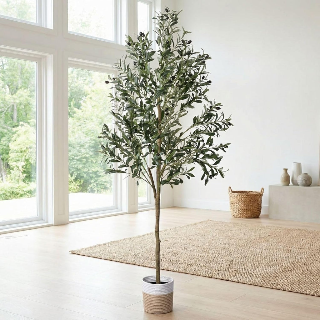 Artificial Olive Tree, 6ft Faux Tree with Woven Basket for Home Decor