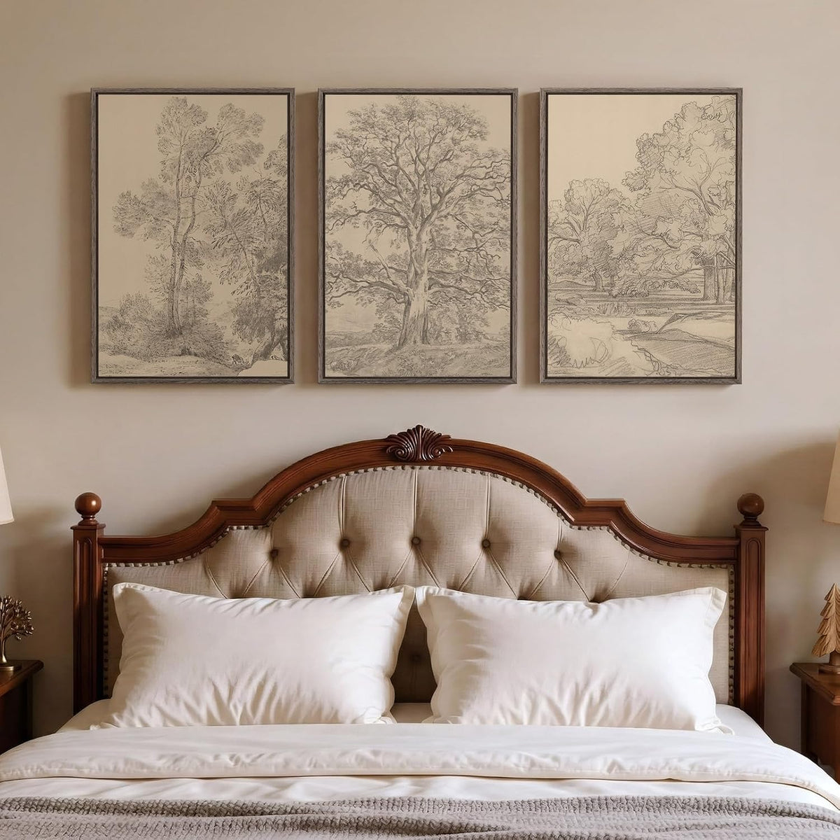 Framed Vintage Neutral Tree Sketch 3 Piece Wall Art Bedroom, 16x24 Inch