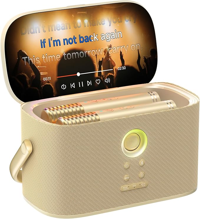 Ikarao Karaoke Machine for Adults, with Lyrics Display Screen, 2 Self-Charging Wireless Microphones, Autotune & EQ, 140W Speaker, Connect TV, Portable Karaoke System for Home, Family, Party, Travel