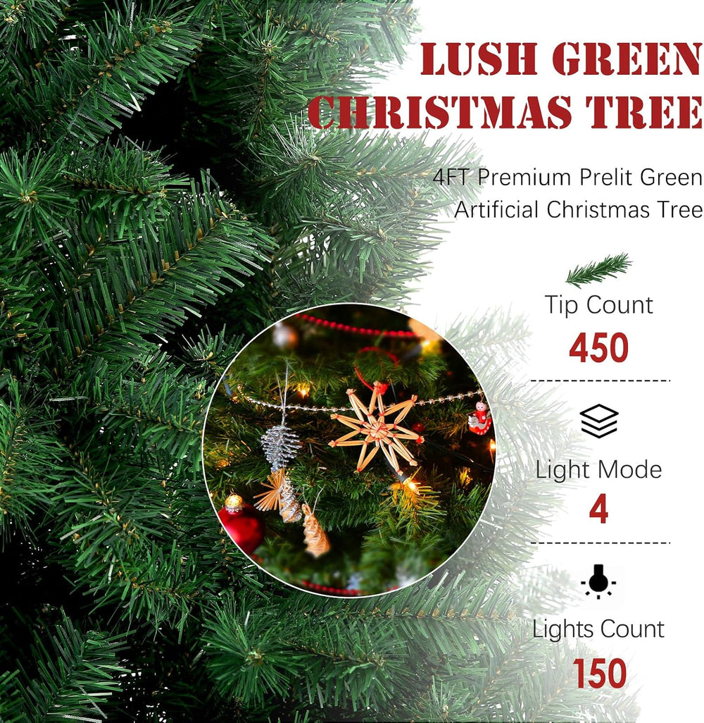 4FT Pre-Lit Green Small Christmas Tree 450 PVC Branch 150 Warm Lights