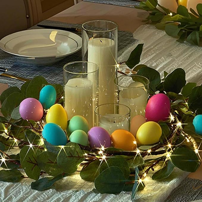Hairui Lighted Artificial Eucalyptus Garland 6FT 96 LED Battery Operated Faux Vine Lights with Timer for Spring Wedding Backdrop Wall Decor