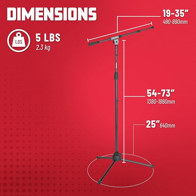 Gator Frameworks Tripod Mic Stand with Boom Arm & Soft Grip Twist Clutch Height Adjustment, Includes 3/8" and 5/8" Adapters (GFW-MIC-2020)
