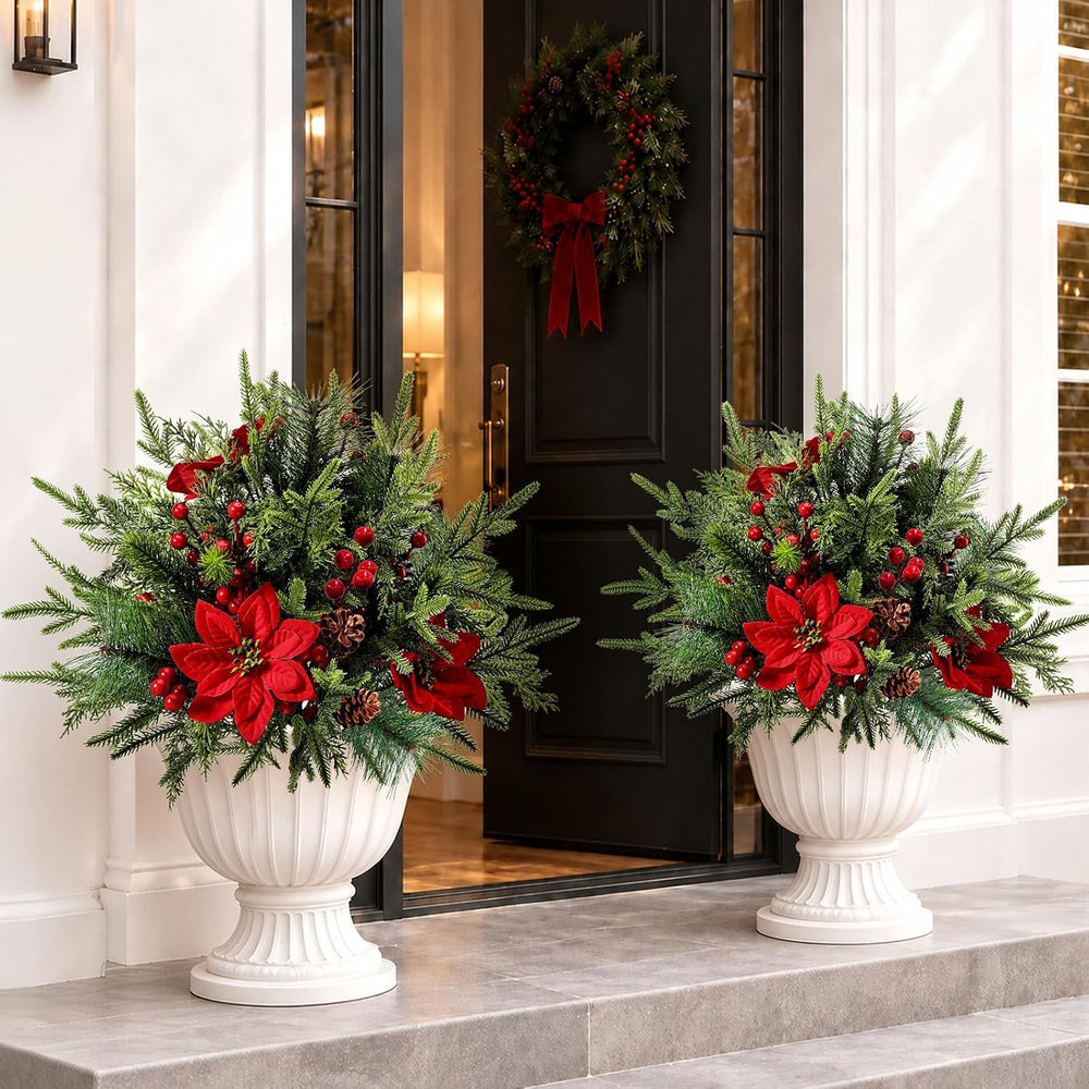 2 Pack Artificial Poinsettia Flowers with Pinecones for Christmas Decor