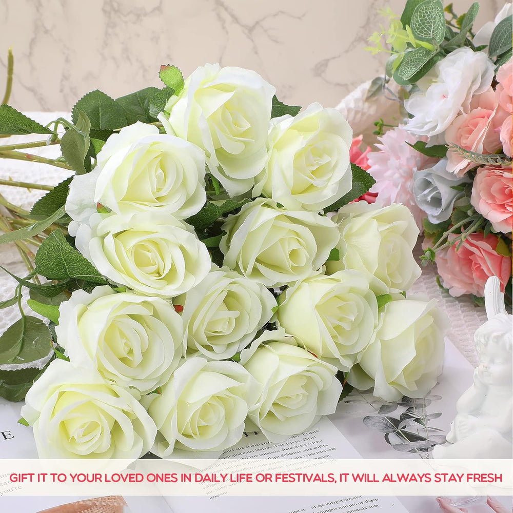 Jexine 50 Pcs Artificial Silk Roses Bulk with Long Stem,White
