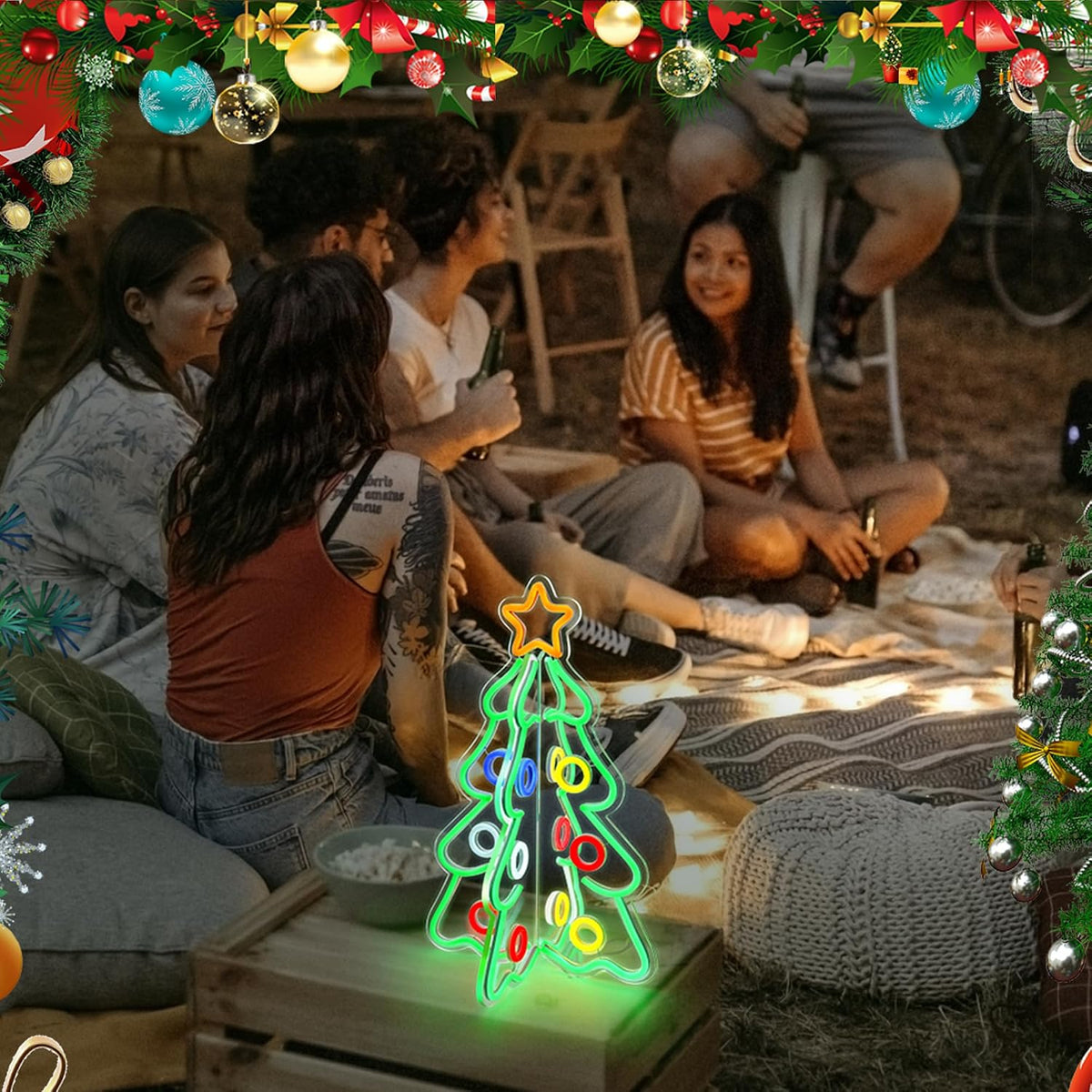 christmas neon sign, 3d acrylic led tree light, front angle view