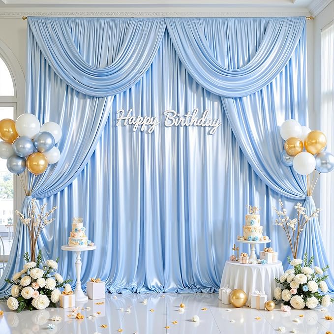 Blue Satin Backdrop Curtains 2 Panels - Glitter Photo Drapes for Baby Shower, 10x10FT Shimmer Back Drop Cloth, Wrinkle Free for Birthday Party Prom Wedding Background