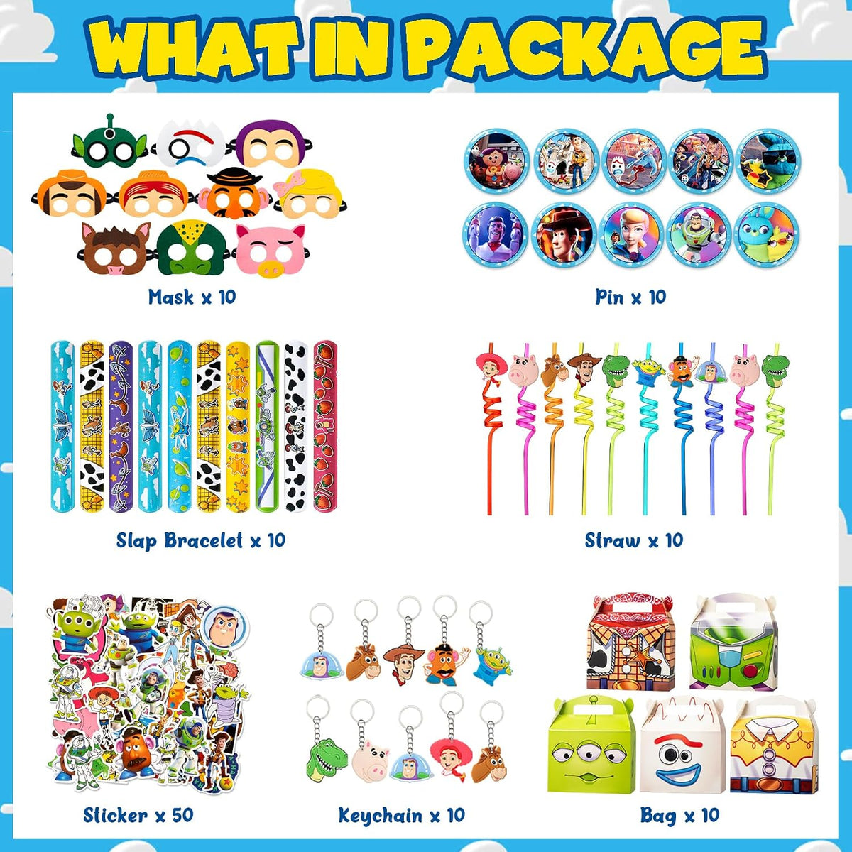 Toy Birthday Decorations,110Pcs Party Supplies,Include 10 Circles,10 Pattern Decorations,10 Key Chains,10 Masks,10 Gift Bags,10 Straws and 50 Stickers