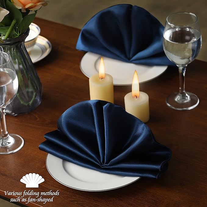 Manyshofu 60 Navy Blue Satin Napkins - 20x20 Inches Square Fabric Napkins Set - Soft & Reusable for Wedding Dinner Party Lunch (60 Pieces)