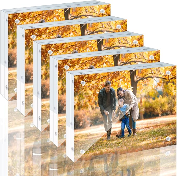 5 Pack 5x7 Acrylic Picture Frames - 20% Thicker Double Sided Magnetic Frame with UV Protection - Freestanding Clear Frameless Display for Tabletops - Modern Photo Frame Set for Home & Office Decor