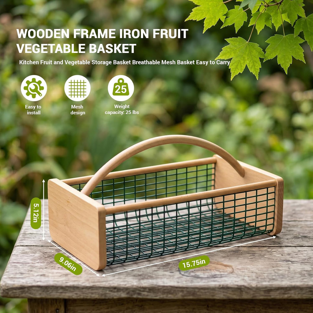 garden harvest basket, wooden garden basket with metal shown in use