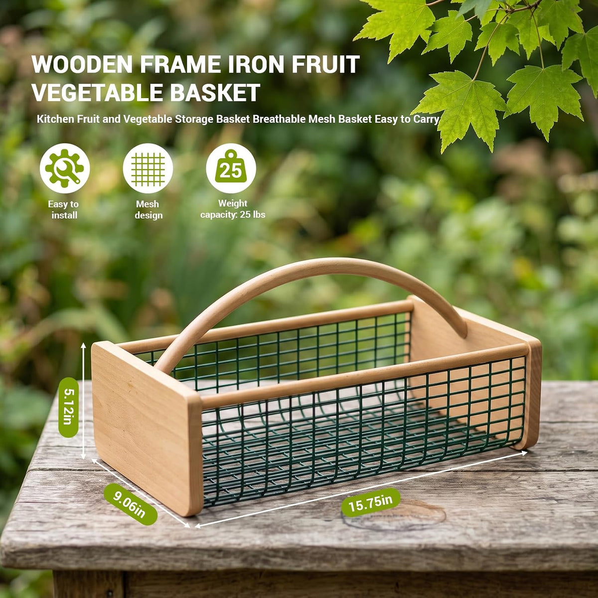 garden harvest basket, wooden garden basket with metal shown in use