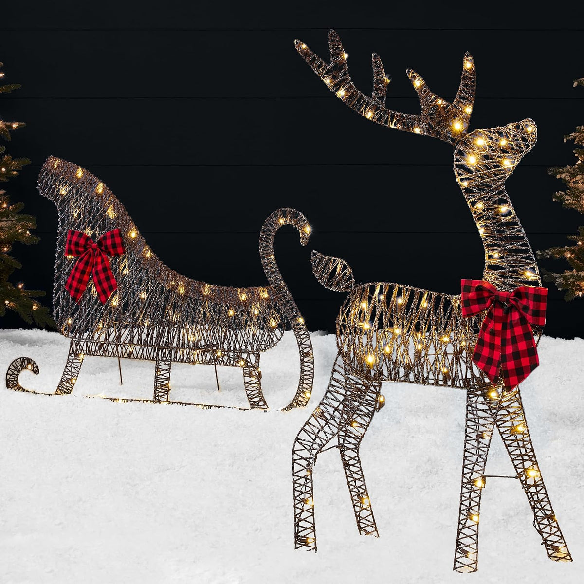 Best Choice Products 4ft Lighted 2D Reindeer & Sleigh Set, Christmas Holiday Deer & Sled Outdoor Yard Decoration w/ 140 LED Lights - Rattan