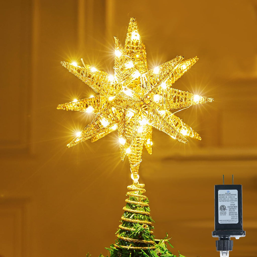 JOIEDOMI 7.8" Metal 3D Star Christmas Tree Topper Golden Glitter Decorations with 56 LED Warm White with Plug Timer Ornaments Treetop Home Holiday Party Indoor Decor