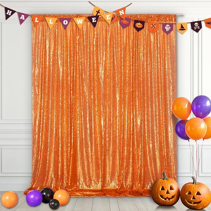 Eternal Beauty Orange Sequin Backdrop, 6x8 Ft Halloween Glitter Background Curtains for Shimmer Photography Party Wedding Birthday Back Drop Decor