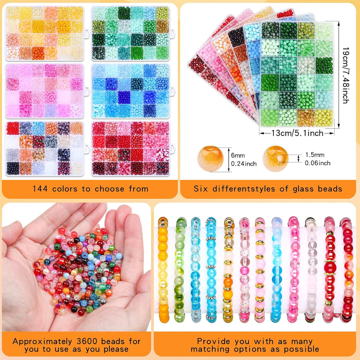6mm glass beads bracelet making kit, 144 colors shown in use