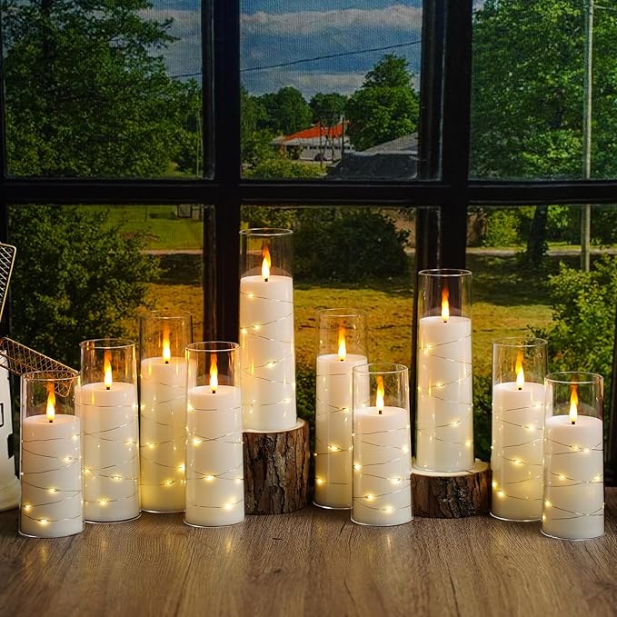 Flameless Candles with Embedded Star String - Battery Operated LED Candles, with Remote,12 White Flickering Candles for Christmas, Weddings, Home Decor & Party,(D 2.3"×H 5" 6" 7")