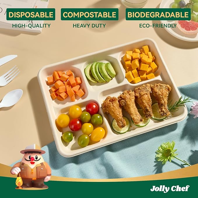 JOLLY CHEF Compostable 𝟱 Compartment Paper Plates 𝟭𝟭 * 𝟴 𝗶𝗻𝗰𝗵 [𝟱𝟬𝟬 𝗣𝗮𝗰𝗸] Heavy Duty Natural Divided Disposable Eco-Friendly Biodegradable Containers Food Trays for Dinner Lunch Buffet (500 Pack)