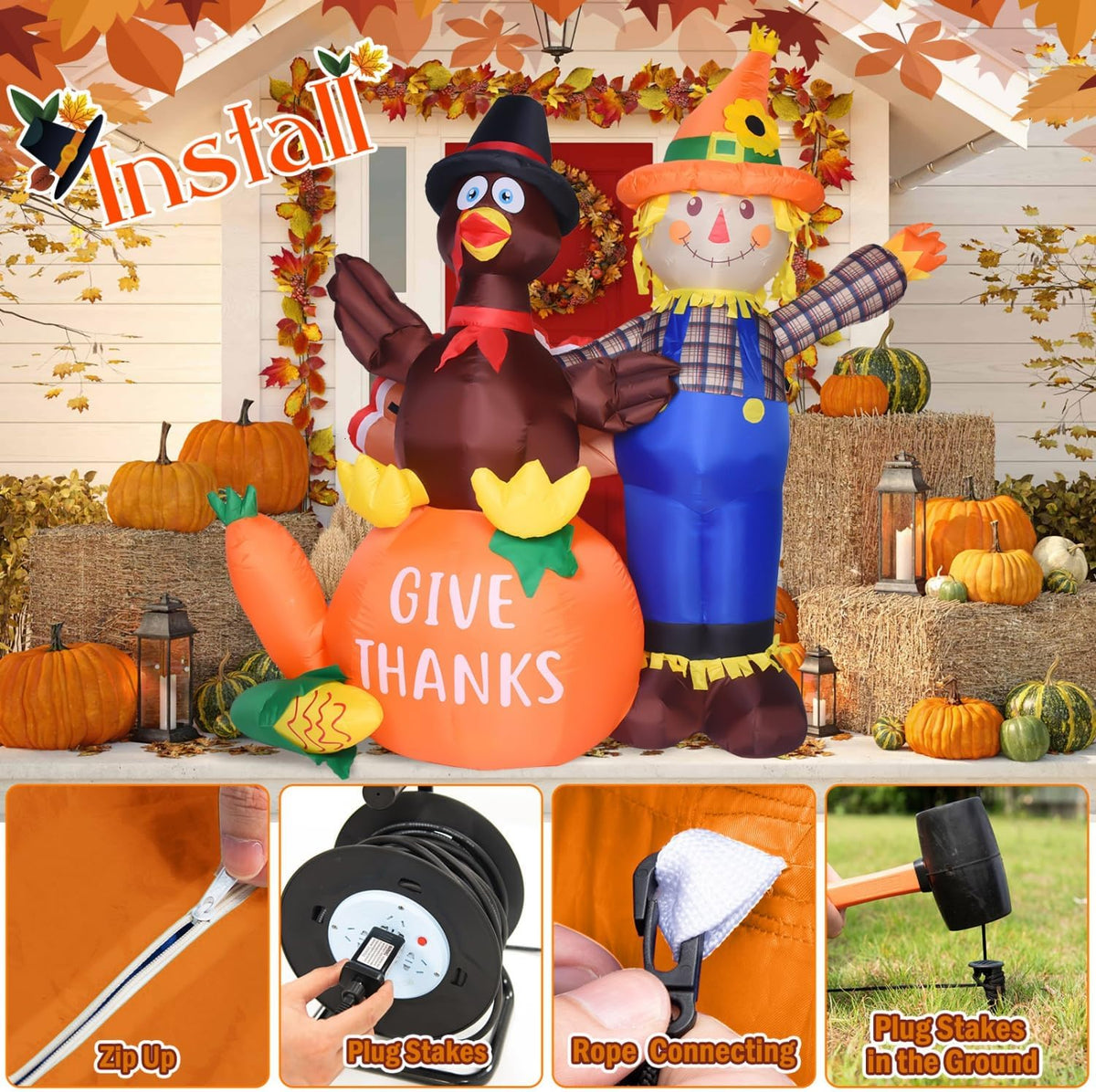 6 ft thanksgiving inflatables turkey and scarecrow decor on a desk or shelf