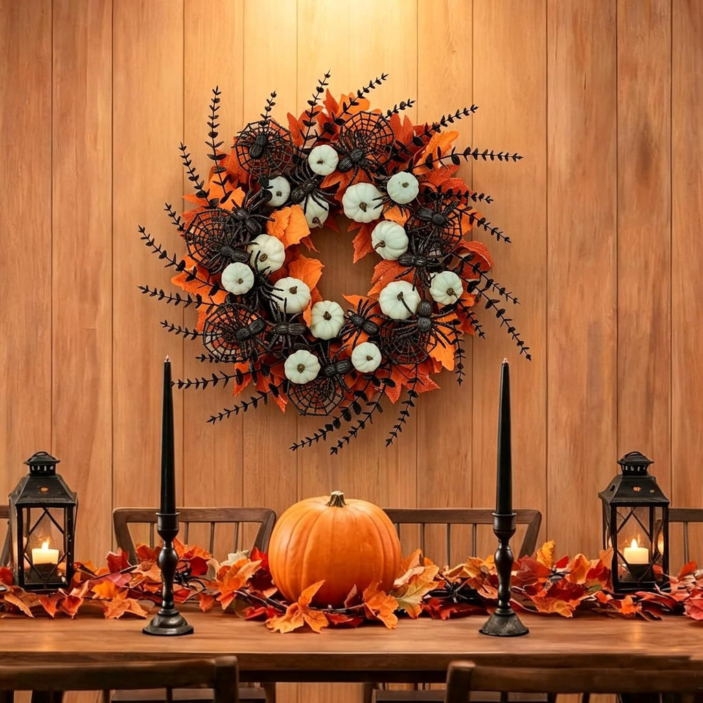idyllic 24" halloween wreath pumpkins maple black spiders showing dimensions
