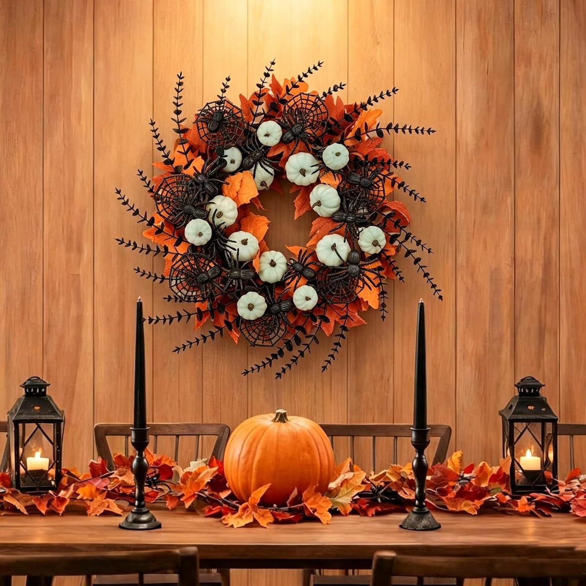 idyllic 24" halloween wreath pumpkins maple black spiders showing dimensions