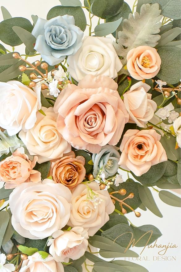 Artificial Wedding Arch Flowers Kit(Pack of 4),2Pcs Artificial Flower Arch Decor, 2Pcs Chiffon Fabric Drapes, Ceremony Decoration, Floral Outdoor Party Decor (Champagne & Blue)