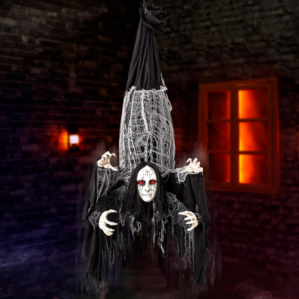 Halloween Animatronics Decorations Hanging Ghost with 4 Hands, 67'' Animated Spooky Zombie Ghosts with Creepy Sounds, Lighted Eyes, Scary Move, Haunted House Props Decor for Indoor Outdoor Yard Lawn