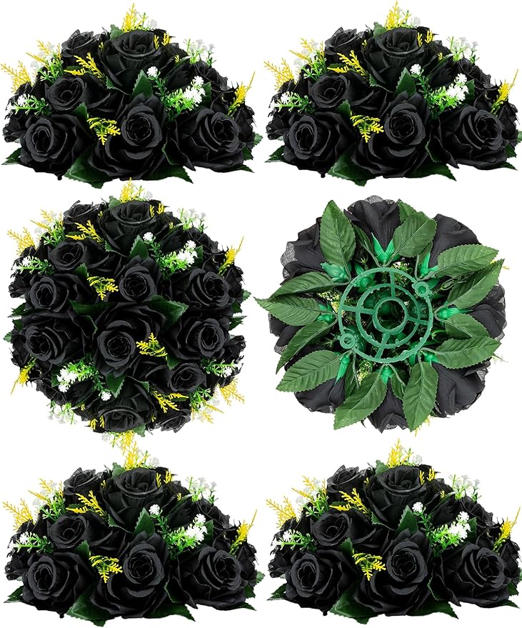 BLOSMON Flower Balls Wedding Rose Centerpieces 6 Pcs Black Fake Flowers Kissing Balls Decor Artificial Floral Arrangements Flower Bouquet of Roses Home Party Room Table DIY Decorations