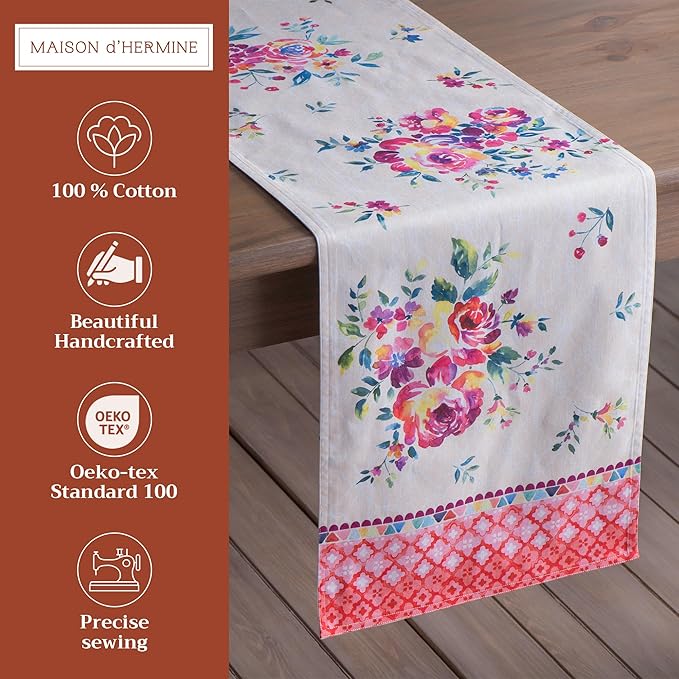 Maison d' Hermine Table Runner 100% Cotton Double Layer Table Runners 72 inches Long Decorative for Kitchen Dining Party Baby Shower Wedding Bridal Shower Spring Summer (Rose Garden, 14.50" x 72")
