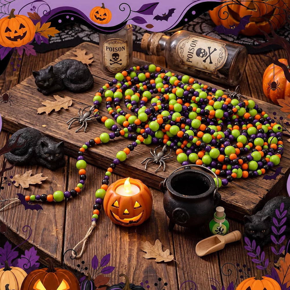 Giegxin 1 Pcs Halloween Wooden Bead Garland, Black, Orange, Green, Purple