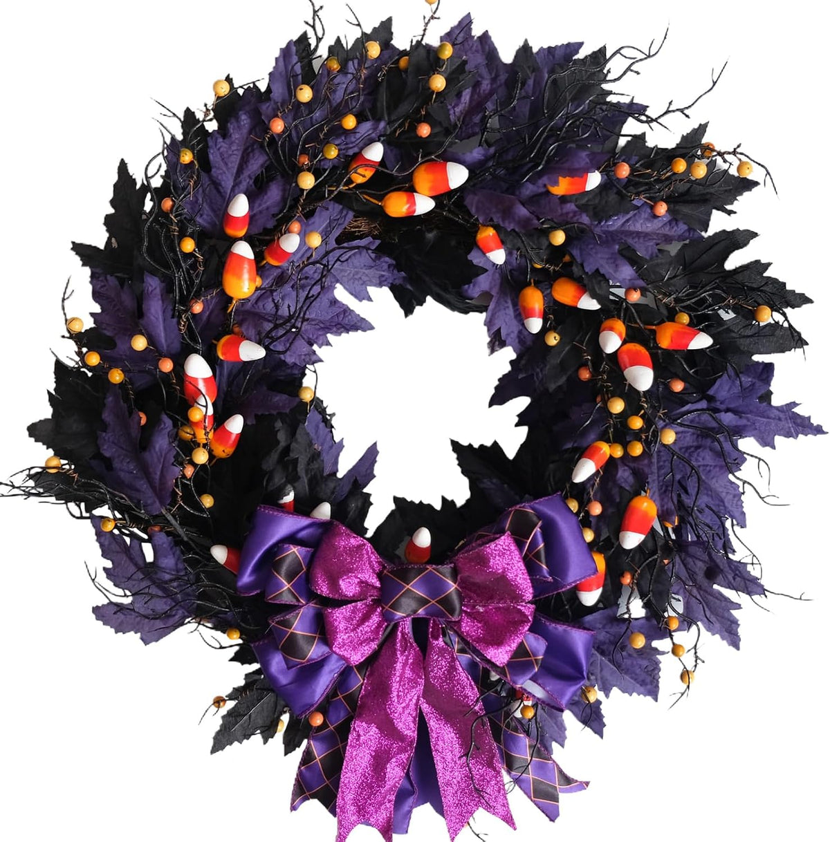 idyllic 22 Inches Halloween Door Wreath, Black Halloween Wreaths for Front Door with Purple Bow Witch Ornaments Decorations