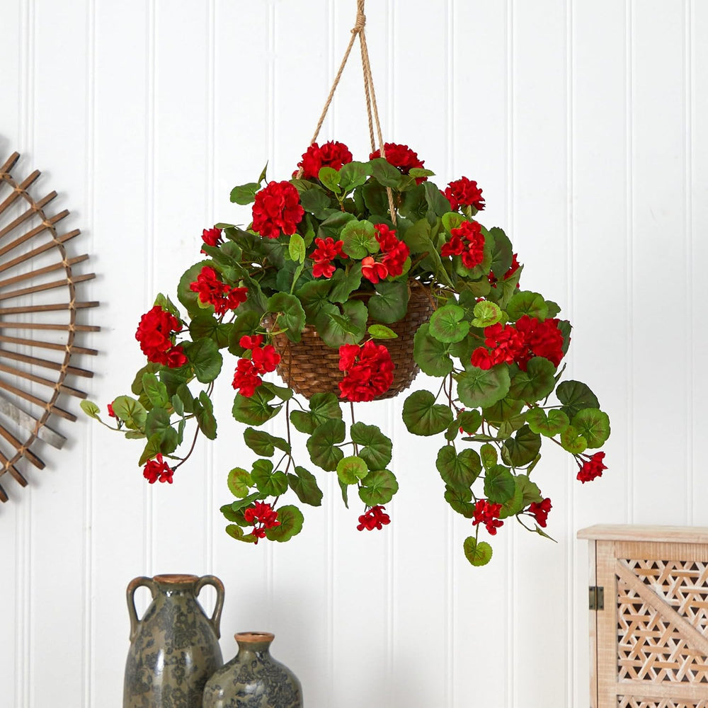 Nearly Natural 24 in Artificial Geranium Red Floral Hanging Basket Plant