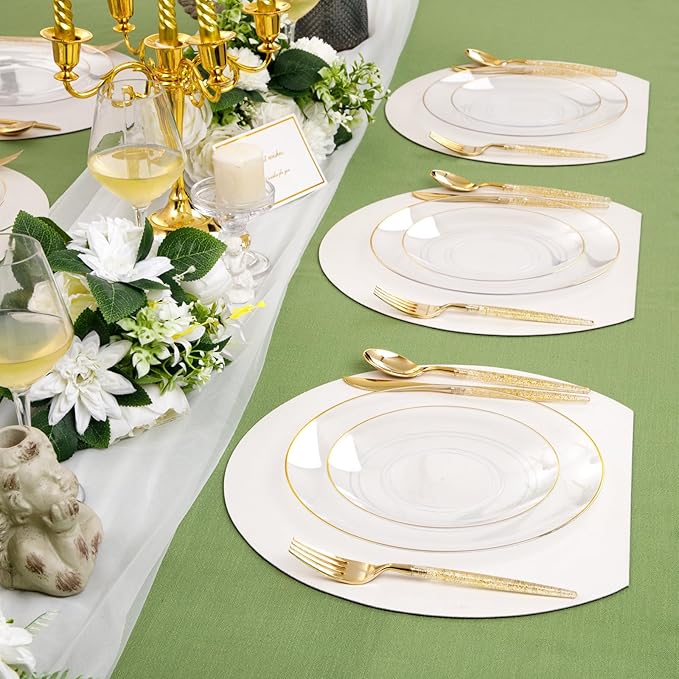 Liacere 150PCS Clear Gold Plastic Plates - Gold Plastic Silverware with Glitter Handle - Clear Disposable Plates Include 30 Guests Plates, Forks, Spoons, Knives for Wedding & Party&Chrismas