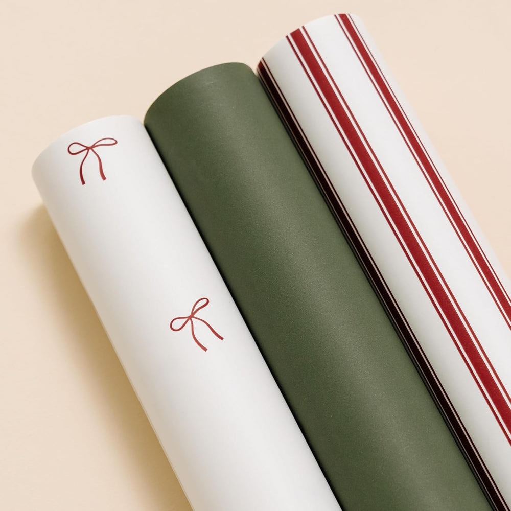 Merry Market Satin Christmas Wrapping Paper (Bows, Stripes, Solid Green)