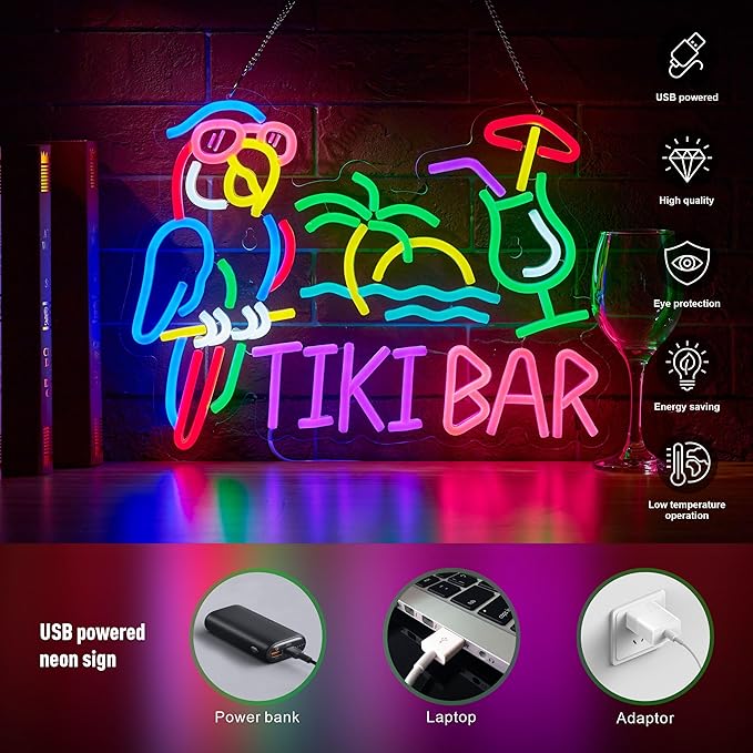 Tiki Bar Parrot Palm Tree Neon Sign for Wall Decor Hawaii Beach Bar LED Light up Signs with Dimmer for Pub Party Man Cave Room Art Decor Gift