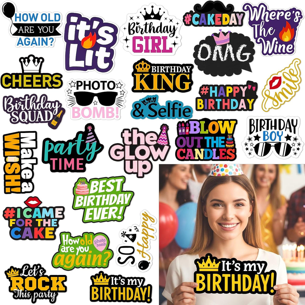 Beeveer 24 Pcs Birthday Photo Booth Props Single Sided 9" Photo Booth Props