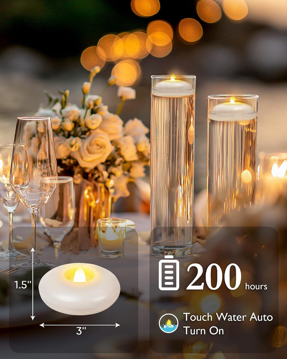 3" Flameless LED Floating Candles, White Waterproof Tealights, 48Pack