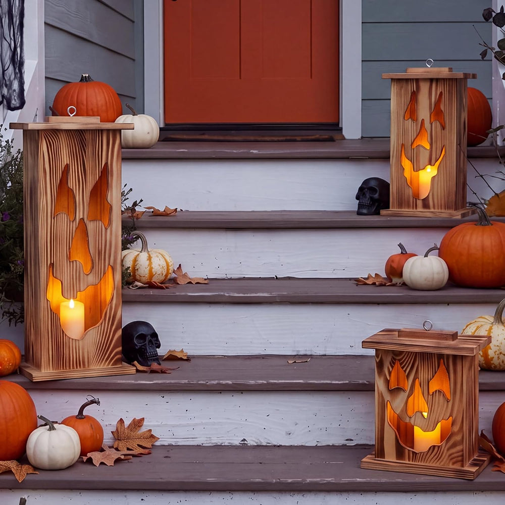 Woanger 3 Pcs Halloween Wooden Lantern Set Spooky Jack O Lantern Decor