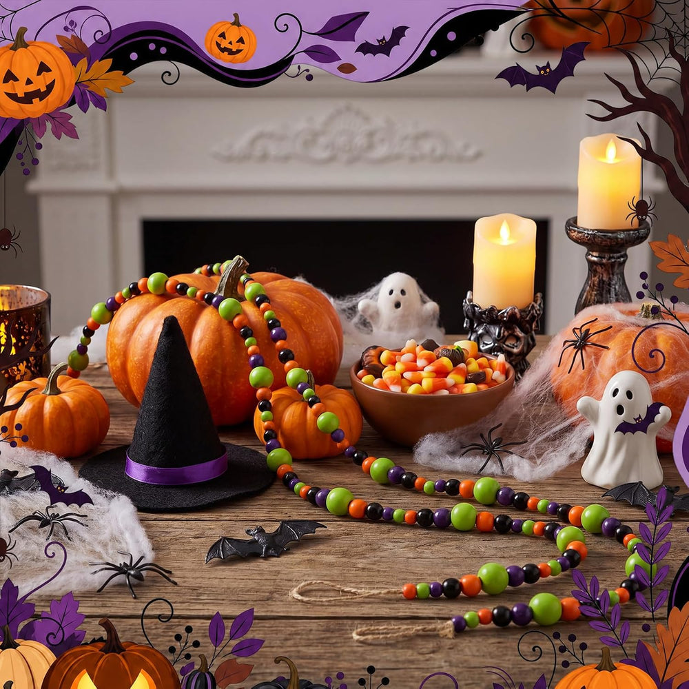Giegxin 1 Pcs Halloween Wooden Bead Garland, Black, Orange, Green, Purple